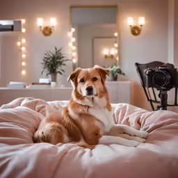 a dog is laying on top of a bed near a camera
