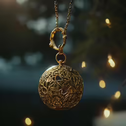 a christmas ball hanging from a tree with holiday lights in the background