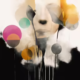 an abstract painting with various balloons coming out of it