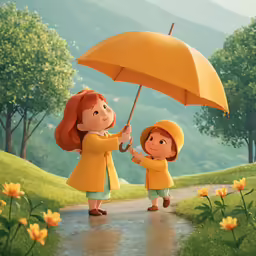 the two little girls are walking under an umbrella