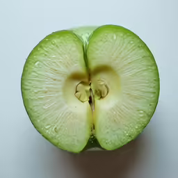 a green apple cut in half on a white surface
