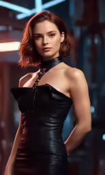 the girl in black leather dress has a choker
