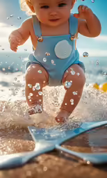 a baby boy playing in the water with a starfish