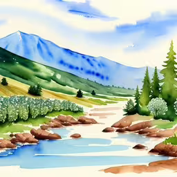 an illustration of a scenic river surrounded by trees and mountains