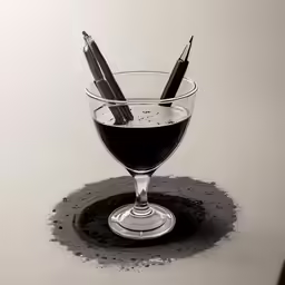 a glass full of black liquid with two pencils sticking out of it