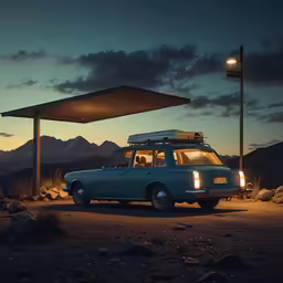 a small car that is parked with its lights on