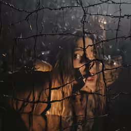 two young girls standing inside the darkness behind a fence