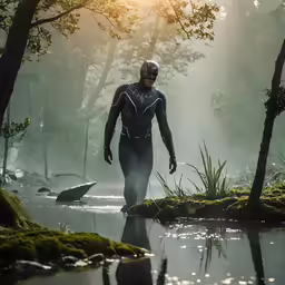 a man wearing a black and grey suit walks through water