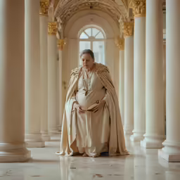a woman with large clothes sits in a corridor
