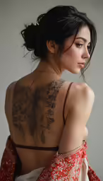 the back of a woman with her arm and tattoo