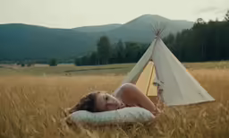 a young woman lays on her stomach in front of a teepee