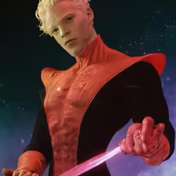 a man in futuristic clothing and pink light is holding a glowing sword