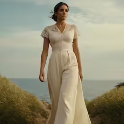a woman standing on the shore in white pants