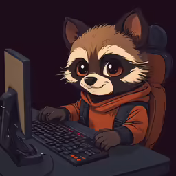 a racoon sitting on a chair typing on a computer