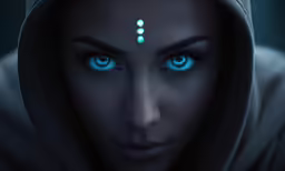a futuristic blue eye woman with a piercing in front of her face