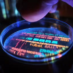 a person touching the label of a lit up plastic container