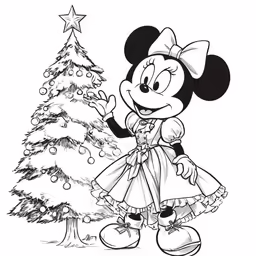 minnie mouse stands near a christmas tree