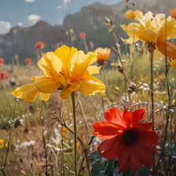 several wild flowers in the middle of a flower meadow,two bright yellow and red flowers in the mountains