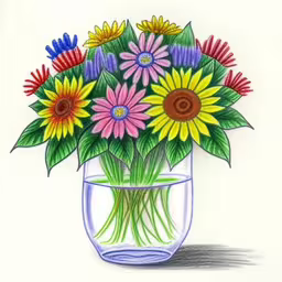 the drawing shows colorful flowers in a clear glass,a drawing of a glass with some flowers inside,colored flowers in a glass vase with water,a drawing of a vase with many flowers in it,an image of flowers in a vase drawn with colored pencils