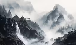 the mountain is covered in fog and rain