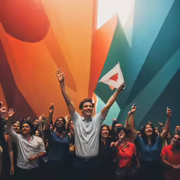 a man holding up a kite in front of a group of people