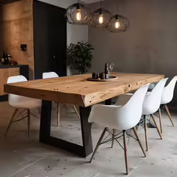 a dining table and chair with four white chairs, next to a plant in the corner