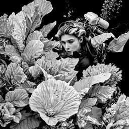 a black and white photo of someone in a garden