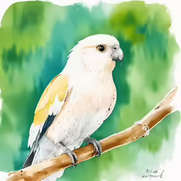 a bird perched on a branch in front of some trees