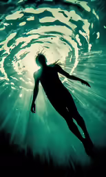 a woman in scuba gear floats in the water towards the camera