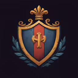 a golden shield with a blue crown and leaf border