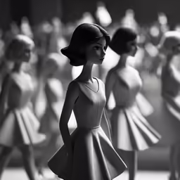 the black and white image of five toy ballerinas in a line