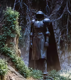the image depicts a dark knight standing by a leafy tree
