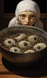 a woman wearing a headscarf is next to a large pan with donuts
