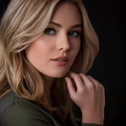 the woman is posing for a portrait with her hand on her face