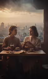 two women sitting at a table with coffee, looking out into the distance
