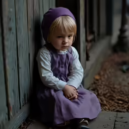 small child sitting against door looking into camera