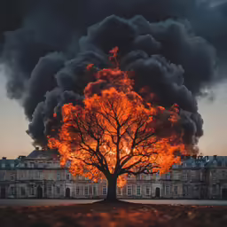an enormous tree with many large fireballs in it
