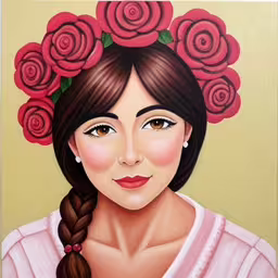 a painting of a woman with braids and roses on her hair,the painting depicts a woman with flowers in her hair