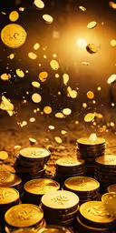 stacks of gold coins are falling out of the sky,a bunch of coins are sitting on the ground