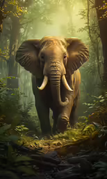 an elephant walking through a forest covered in plants