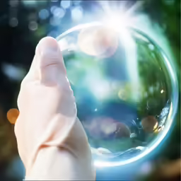 hand holding a clear bubble with light shining through it