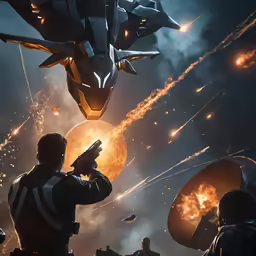 an astronaut with guns, surrounded by space ships