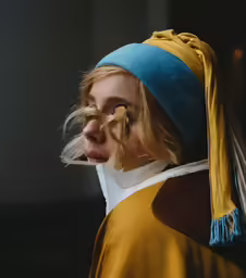 a young girl wearing a yellow hat has long braids and an ear tag