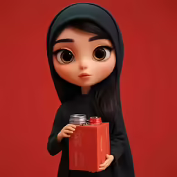 a doll is holding a can and wearing black clothes
