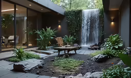 there is an indoor waterfall and a wooden bench near the table