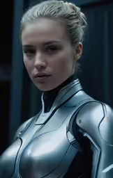 a woman in a futuristic suit looks off into the distance