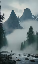 a lone person stands on the riverbank as misty mountains rise in the background