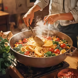 a large skillet with some food being cooked in it