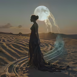 a woman in a dress standing on the edge of a desert under a full moon