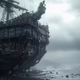 an old ship sitting on top of a beach